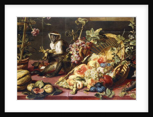A Spilled Basket of Fruits on a Draped Table with Monkeys by Frans Snyders or Snijders