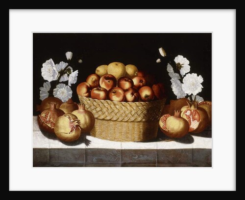 Apples in a Wicker Basket, Pomegranates and Hollyhocks on a Draped Ledge by Blas de Ledesma