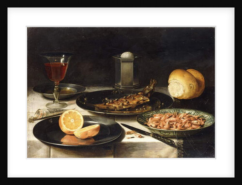 A Herring with Capers and a Sliced Orange on Plates and a Bowl of Shrimp on a Table by Clara Peeters