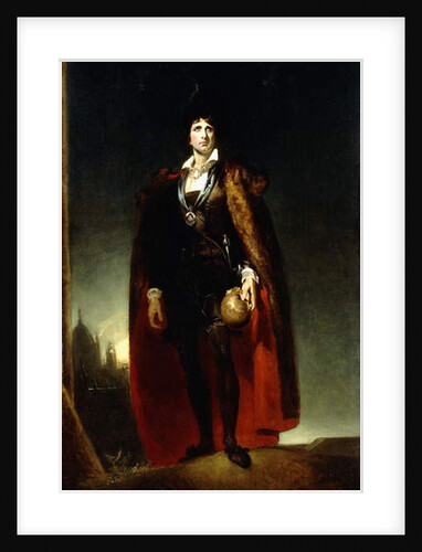 Portrait of John Kemble as Hamlet, standing full-length in a Landscape, wearing a cape and holding a skull by Thomas Lawrence