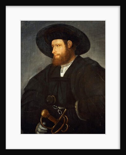 Portrait of a Gentleman, half-length, wearing a black costume and a black hat by Giovanni de Busi Cariani