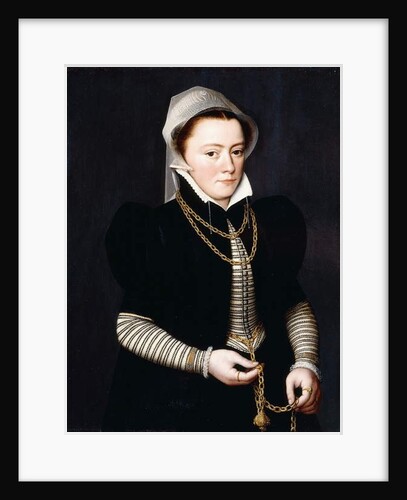 Portrait of a Lady, Standing, small three-quarter Length, Wearing a Striped Bodice and Black Coat, Holding a Pomander on a Gold Chain by Pieter Jansz. Pourbus
