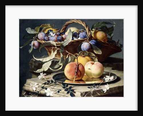 Peaches and Plums in a Wicker Basket, Peaches on a Silver Dish and Narcissi on Stone Plinths by Christian Berentz