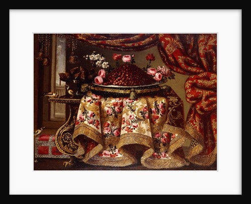 A platter of Strawberries with Flowers on a Pillow and a Tazza of Figs on a Table draped with an Embroidered Cloth, with Birds and Chest beside a Curtain and Window by Antonio Gianlisi