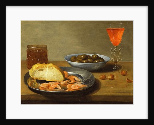 A Plate with Prawns and a Roll and Bowl with Olives by Jacob Foppens van Es