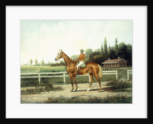 A Chestnut Racehorse with Jockey Up on a Training Track with Stables Beyond by Henry H. Cross