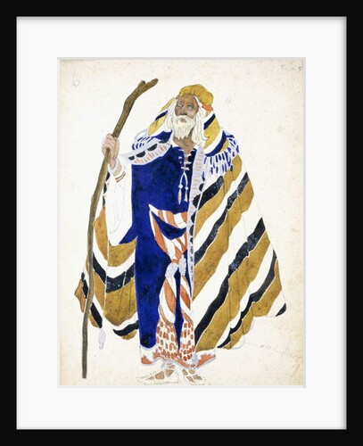 A costume design for a dancer in Suite Arabe, depicting an elderly man holding a staff by Leon Bakst