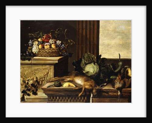 Fruit in a Wicker Basket with Figs on a Plinth, Dead Game, a Cabbage, a Melon, a Gourd and an Artichoke on a stone Ledge, a Window beyond by Pierre Dupuis