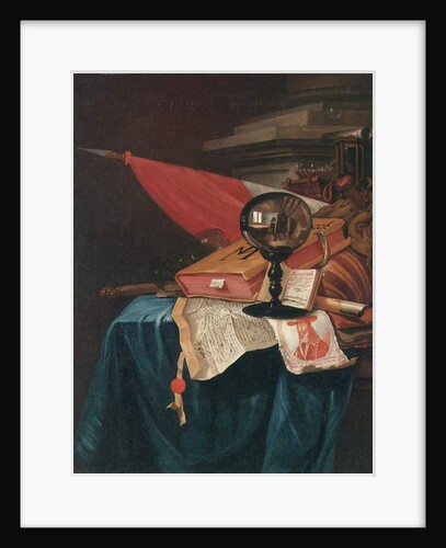 Vanitas still life with the artist at his easel reflected in a crystal ball by Vincent Laurensz van der Vinne