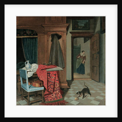 Interior with a carpet, a sword and a jug on a table, a cello on a chair, a coat hanging on a cupboard, a cat playing with a ball, a maid beyond by Cornelis de Man