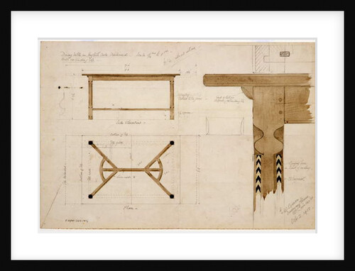 Design for a dining table in English oak, darkened, with a hayrake stretcher, 2nd October 1908 by Ernest William Gimson
