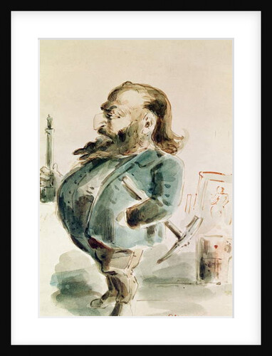 Caricature of Gustave Courbet holding the Colonne de Vendome by Dupendant Dupendant