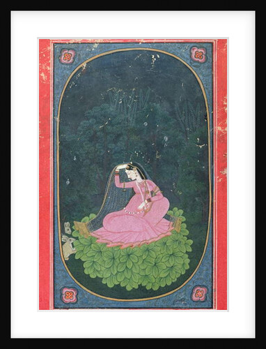 Woman seated on a bed of leaves in a forest by Indian School