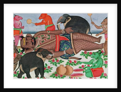 Ramayana scene: a group of demons awakening their prince in hibernation by School Indian