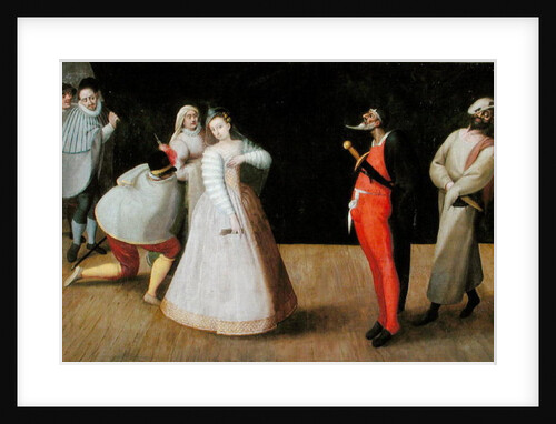 The Compagnia dei Comici Gelosi with Isabella Andreini depicted giving a performance in Paris by Hieronymus Francken