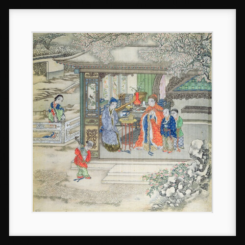 Scene in a garden with a family receiving visitors by School Chinese