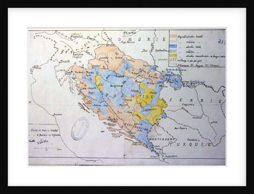Map of Bosnia with details of the areas occupied by minority ethnic groups, 1910 by French School