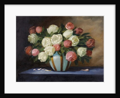 Pink and White Roses in a Blue Vase by English School