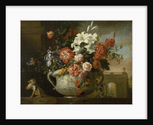 Still life with flowers in an urn, with a monkey, on a ledge, c.1699 by Jakob Bogdani or Bogdany