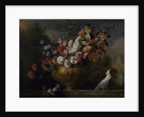 Still life with flowers in an urn, with a cockatoo, on a ledge, c.1699 by Jakob Bogdani or Bogdany