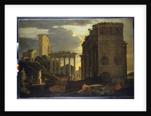 Capriccio view with figures by a triumphal arch and the Temples of Saturn and Jupiter Tonans by Jean Lemaire