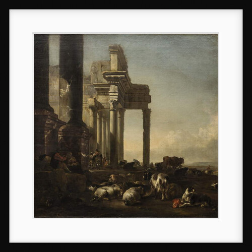 An Italianate Landscape with peasants, cattle and sheep by classical ruins, c.1650s by Jan Baptist Weenix