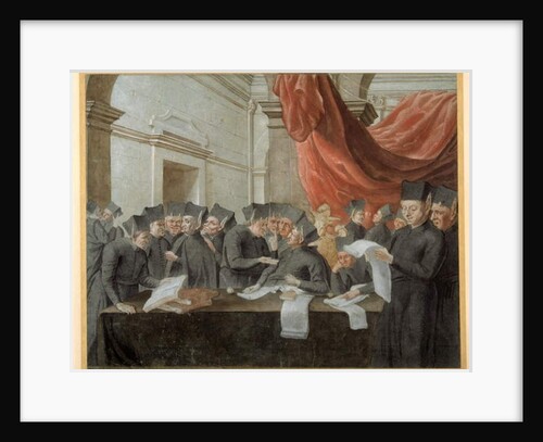 Jesuits in conclave, arguing over accounts by Italian School