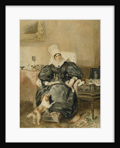 Portrait of a lady by a table with a dog by William Henry Hunt