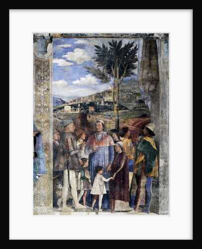 L. Gonzaga, his sons Cardinal Francesco Gonzaga, Federico I Gonzaga, Francesco, Sigismondo, on right, Holy Roman Emperor Frederick III, Christian I of Denmark, Meeting wall by Andrea Mantegna