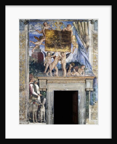 Winged cherubs holding the dedicatory plaque, detail from the Meeting wall, central part, 1465-1474 by Andrea Mantegna