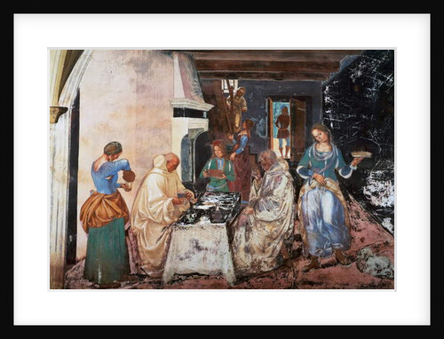 Benedict tells the monks where and when they ate while they were outside the Monastery by Luca Signorelli