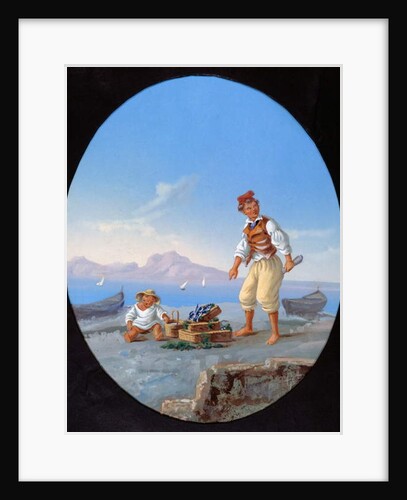 Fisherman on beach, with island of Capri in background, 19th century, Italy by Italian School