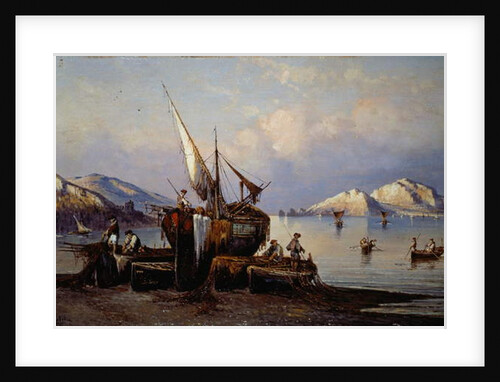 Fishermen in Nerano with Capri island in background by Consalvo Carelli