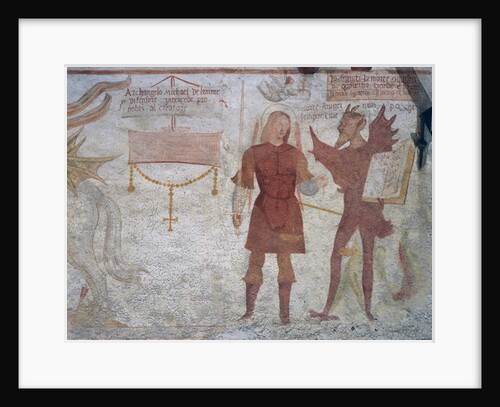 The Archangel Michael and the devil with the book of the seven deadly sins by Simone II Baschenis