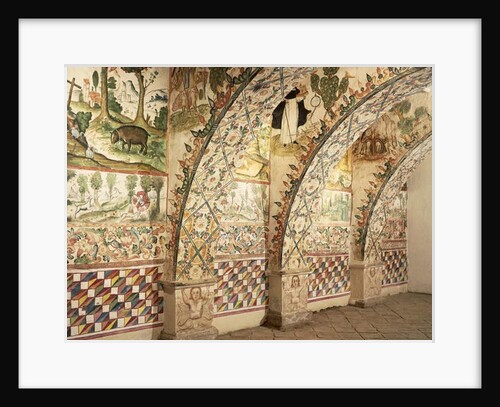 Chapel frescoes depicting religious and daily life scenes by School Peruvian