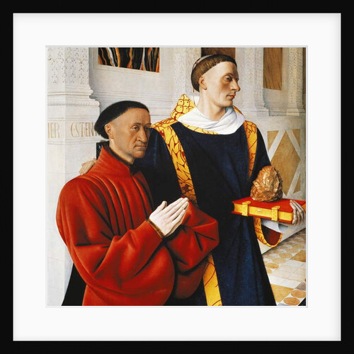 Left hand panel of the Melun Diptych: Etienne Chevalier with his patron saint St Stephen, 1452 by Jean Fouquet