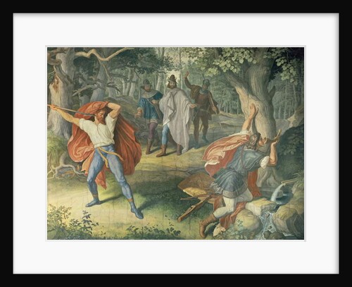 Hagen killing Siegfried at fountain, Hall of Nibelungens, 1831-1867 by Julius Schnorr von Carolsfeld