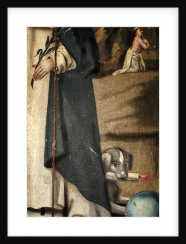 Detail showing the lily, staff and dog with torch, attributions of St. Dominic by Spanish School