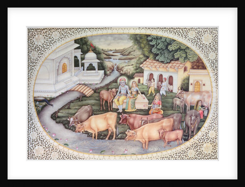 Miniature of Krishna a milkmaid seated in a field with cattle by School Indian