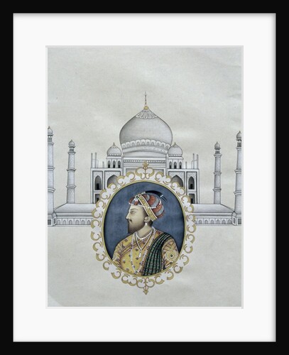Portrait of Shah Jahan and the Taj Mahal which he built to house the tomb of his wife by School Indian