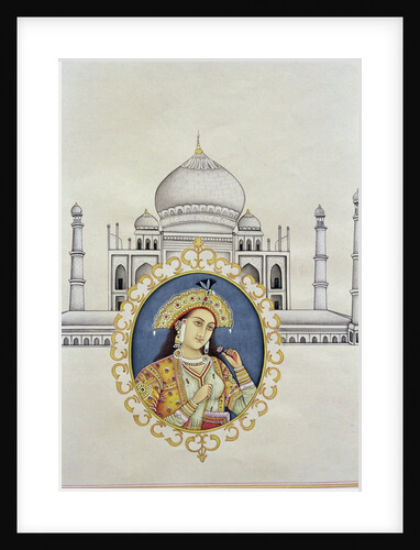 Portrait of Arjumand Banu Begum Mumtaz-i Mahal and the Taj Mahal, built to house her tomb by her husband Shah Jahan by School Indian
