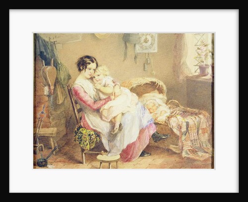 Three children in a rustic interior by English School