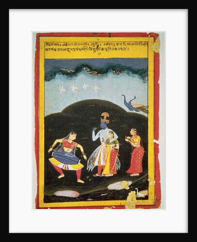 Krishna and Radha in the rain with two musicians, Rajasthan by Indian School