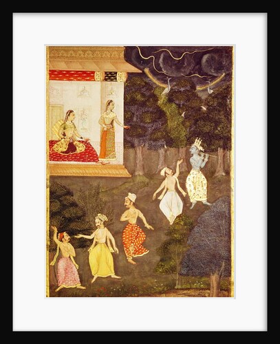 Krishna playing the flute followed by four dancers, Rajasthan by Indian School