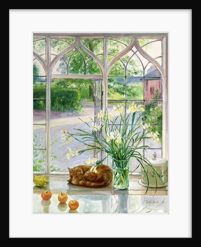 Irises and sleeping cat, 1990 by Timothy Easton