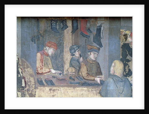 Effects of Good Government in the City, detail of a merchant and craftsmen in the shoemaker's shop, 1338-40 by Ambrogio Lorenzetti
