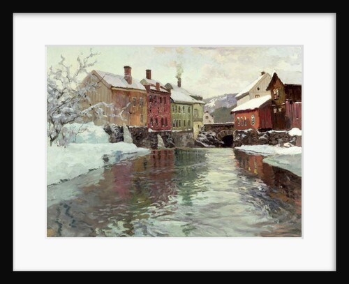 Snow-covered buildings by a river by Fritz Thaulow