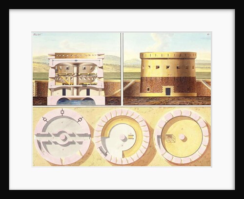 Design for a Fortification on the Outskirts of Paris - a Perspective View, Section and Three Floor Plans of the Central Tower, c.1813 by French School