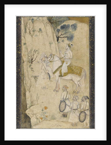 A prince on horseback, with five attendants, regarding a waterfall by School Mughal