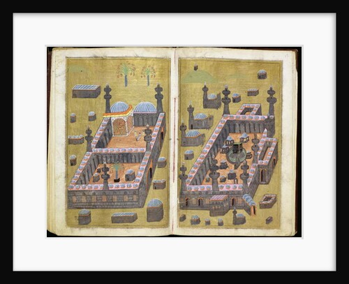MS.343.f15v-16r The mosques at Medina & Mecca, from `Reasons for Charity', by Mustafa Al-Shukri, 1160 by Persian School